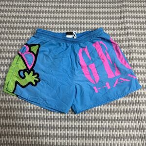 Vintage 90s Gecko Hawaii Blue Swim Shorts Trunks Bold Spellout Graphic Large